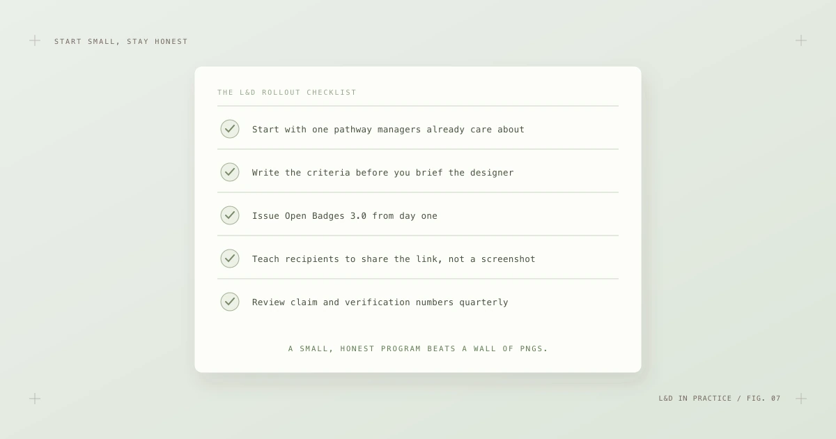 Rollout checklist: start with one pathway, write criteria first, issue 3.0 from day one, teach link sharing, review metrics quarterly.