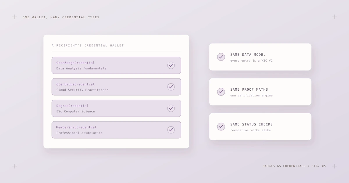A credential wallet holding Open Badge credentials alongside a degree credential and a membership credential, all sharing one data model and verification engine.